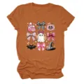 Cute pink bow ghost Halloween graphic short sleeve t-shirt, casual round neck top for women - S / Tops / Burnt Orange (White Print)