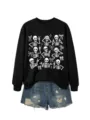 Women casual black sweatshirt featuring cute skeleton and bow prints paired with denim shorts. - S / Tops / Black