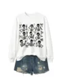 Women's casual white crewneck sweatshirt with cute skeleton graphics and bows for daily wear. - S / Tops / White