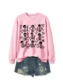 Women pink crewneck sweatshirt with cute skeleton bow graphic matched with denim shorts. - S / Tops / Pink