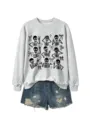 Casual women's grey long sleeve sweatshirt featuring playful skeleton designs and cute bow patterns. - S / Tops / Gray