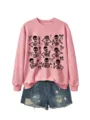 Pink crewneck sweatshirt with cute skeleton bow print paired with blue denim shorts. - S / Tops / Rose Gold