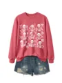 Women red Halloween skeleton print crewneck sweatshirt paired with casual distressed denim shorts. - S / Tops / Red