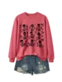 Women Halloween Skeleton Bow Print Casual Long Sleeve Pink Sweatshirt Denim Shorts - S / Tops / Red