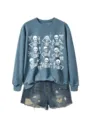 Blue skeleton print sweatshirt detail with cute Halloween graphic and matching denim shorts. - S / Tops / Blue Sweatshirt (White Text Pattern)