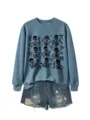 Blue casual long sleeve women sweatshirt featuring cute skeleton and bow graphic detail. - S / Tops / Blue Sweatshirt (Black Text Pattern)