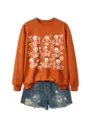 Women Halloween Skeleton Bow Graphic Sweatshirt Casual Long Sleeve Pullover Tops Shorts Set - S / Tops / Burnt Orange