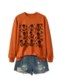Women Halloween Orange Crewneck Sweatshirt with Cute Skeleton Bow Graphic and Denim Shorts - S / Tops / Burnt Orange