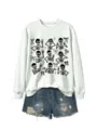 Women casual long sleeve crewneck sweatshirt with cute skeleton print and denim shorts outfit. - S / Tops / Off-White