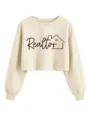 Sudadera crop beige mujer manga larga cuello redondo estampado realtor top moda chic - S / Tops / Arena