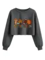 Vue détaillée du sweat-shirt court à thème automnal en gris foncé avec motif tendance. - S / Gris foncé