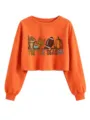 Vue rapprochée du sweat-shirt orange court avec imprimé graphique automnal et texte. - S / Orange