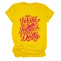 Close-up detail of the bright yellow women graphic t-shirt featuring stylish pink typography. - S / Tops / Yellow
