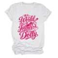 Close-up detail of white short-sleeve t-shirt with pink graphic text and guitar print. - S / Tops / White