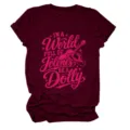 Burgundy short sleeve t-shirt detail featuring pink Dolly graphic and retro music slogan. - S / Tops / Burgundy