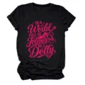 Women black short sleeve t-shirt with pink graphic print, casual round neck top for daily wear. - S / Tops / Black