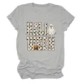 Grey short sleeve t-shirt for women featuring cute ghost and pumpkin Halloween print. - S / Tops / Light Gray