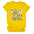 Women's yellow short sleeve T-shirt with cute Halloween ghost and pumpkin graphic print. - S / Tops / Yellow