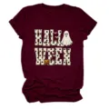 Burgundy women's crewneck short sleeve t-shirt featuring fun Halloween ghost pumpkin graphic print. - S / Tops / Burgundy