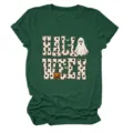 Detail view of the dark green t-shirt featuring a spooky Halloween ghost and pumpkin graphic print. - S / Tops / Vintage Green