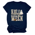 Close-up detail of the Halloween themed navy short sleeve t-shirt featuring ghost and pumpkin print. - S / Tops / Navy Blue