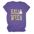 Halloween ghost pumpkin graphic print women short sleeve t-shirt detail view and fabric close up - S / Tops / Purple