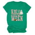 Details of the green short sleeve t-shirt with halloween ghost and pumpkin graphic print. - S / Tops / Dark Green