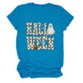 Women Halloween Ghost Pumpkin Print Short Sleeve Crew Neck T-Shirt Casual Blue Top - S / Tops / Lake Blue