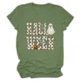 Green women short sleeve t-shirt with Halloween ghost and pumpkin print graphic casual top. - S / Tops / Olive Green
