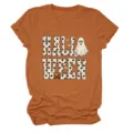 Close-up detail view of women short sleeve T-shirt with Halloween ghost and pumpkin print - S / Tops / Burnt Orange