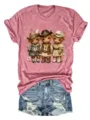 Dettaglio grafico di mucca scozzese cowboy su t-shirt rosa da donna a maniche corte in cotone. - Pesca