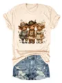 Maglietta beige in cotone manica corta con stampa grafica di simpatiche vacche western. - Albicocca