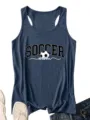 Women's dark blue sleeveless racerback tank top with soccer mom graphic print front detail. - Navy Blue