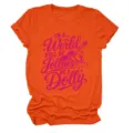 Casual orange short sleeve t-shirt with pink graphic text design for women daily wear style detail view - S / Tops / Orange