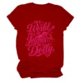 Red short sleeve t-shirt for women featuring graphic print round neck casual top comfortable everyday wear - S / Tops / Red