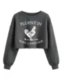 Sudadera corta gris oscuro con divertido gráfico de gallo, top casual de manga larga para mujer. - S / Tops / Gris oscuro