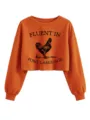 Sudadera corta naranja para mujer, con divertido estampado de gallo y manga larga. - Naranja Quemado