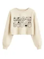 Cute cat print cropped sweatshirt for women, casual long sleeve crewneck pullover top. - S / Tops / Sand