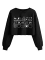 Black long sleeve crop sweatshirt with cute cat graphic, casual round neck pullover top. - S / Tops / Black