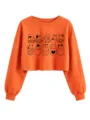 Women cute carton cat print long sleeve crop sweatshirt orange casual top basic streetwear - S / Tops / Orange