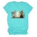 Cute Halloween ghost dogs print women short sleeve crew neck t-shirt, casual turquoise top. - S / Tops / Deep Water Blue (Black Text & Colored Graphic)