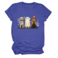 Close-up of the front graphic featuring three cute dogs in Halloween costumes on the blue tee. - S / Tops / Retro Blue (White Letters Multicolor Graphic)