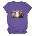 Cute Halloween ghost dogs print graphic tee, casual round neck short sleeve t-shirt detail. - S / Tops / Purple (Black Text)