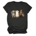 Women Halloween Ghost Dog Graphic T-Shirt Cute Witch Mummy Short Sleeve Casual Crewneck Top - S / Tops / Black (White Letters Multicolor Graphic)