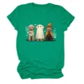 Close-up detail of the green short-sleeve t-shirt featuring cute Halloween ghost dog graphic. - S / Tops / Dark Green (White Print)