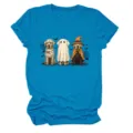 Cute Halloween ghost dogs graphic t-shirt for women, casual blue short sleeve round neck top. - S / Tops / Lake Blue (Black Print)