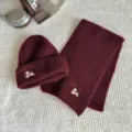 Cute kids winter knit hat and scarf set featuring lovely puppy embroidery, warm and stylish. - Set / Burgundy