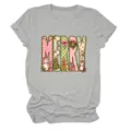 Damen graues Kurzarm T-Shirt lässiges Rundhals Oberteil mit süßem frohe Weihnachten Print - S / Oberteile / Hellgrau