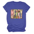 Damen süßes Weihnachten MERRY Grafik Kurzarm T-Shirt lässiger Rundhalsausschnitt blaues Top - S / Oberteile / Vintage-Blau