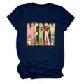 Dunkelblaues Damen Kurzarm T-Shirt mit süßem rosa MERRY Weihnachts-Grafikprint Detail. - S / Oberteile / Marineblau